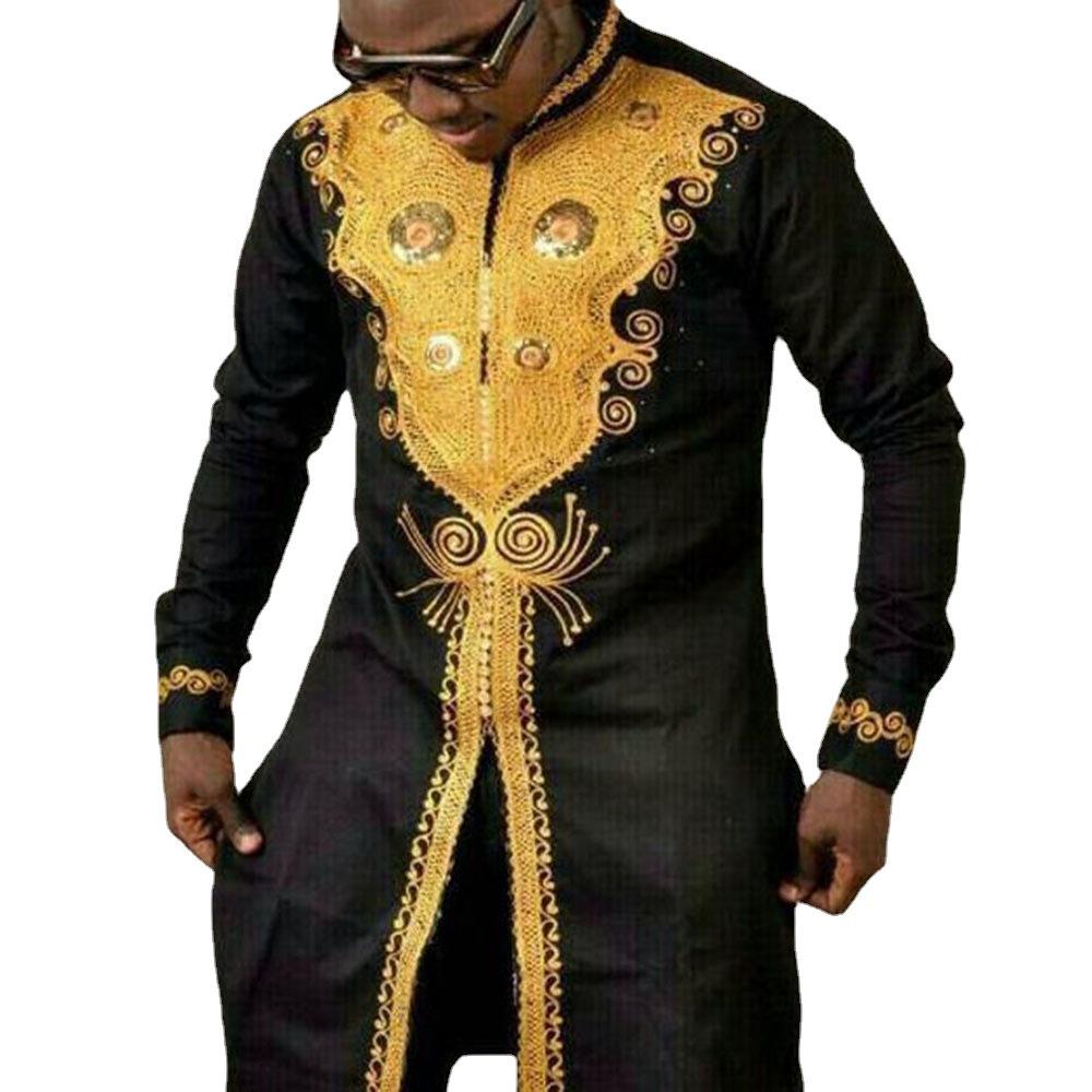 2021 Cross-border African Style Plus Size Shirt with Golden Print and Side Slit