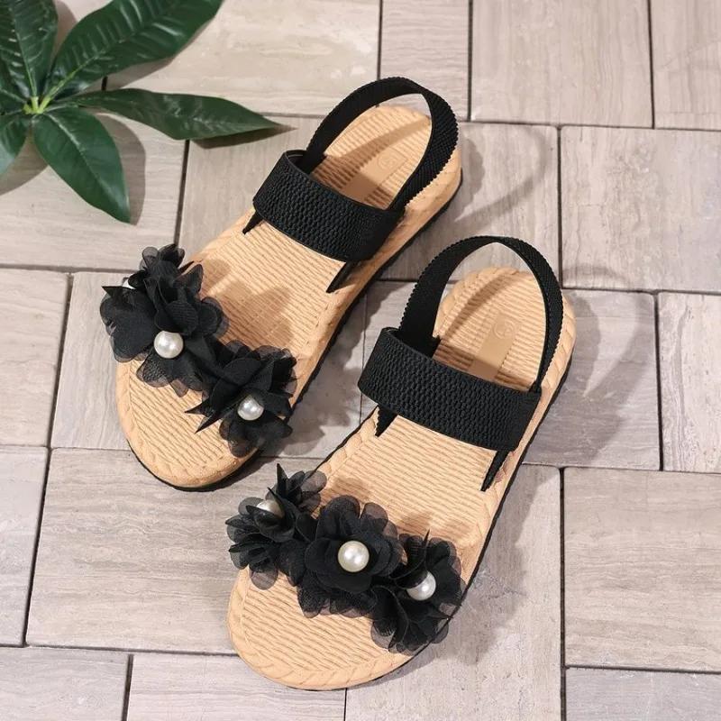 Women's Summer Flat Sandals 2025 Black Round Open Toe Elastic Band Shoes Floral Comfortable Women's Beach Sandals