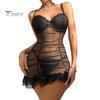 2 Pcs/Set Nightdress Panties Set Spaghetti Strap Backless Sleeveless Nightwear Pleated Transparent Mesh Bow Ruffle Dress Sleepwear Set G-string Set