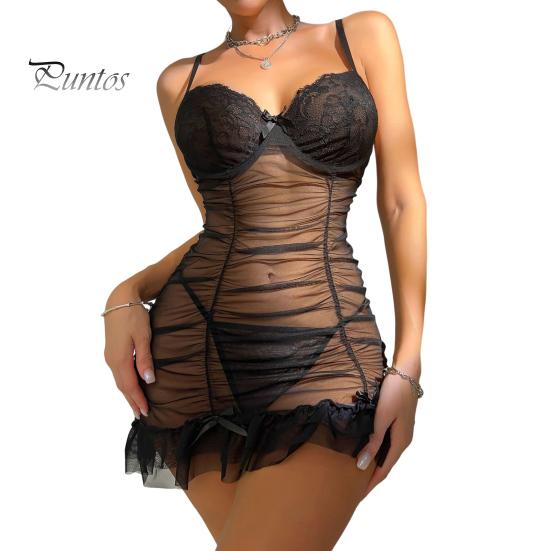 2 Pcs/Set Nightdress Panties Set Spaghetti Strap Backless Sleeveless Nightwear Pleated Transparent Mesh Bow Ruffle Dress Sleepwear Set G-string Set