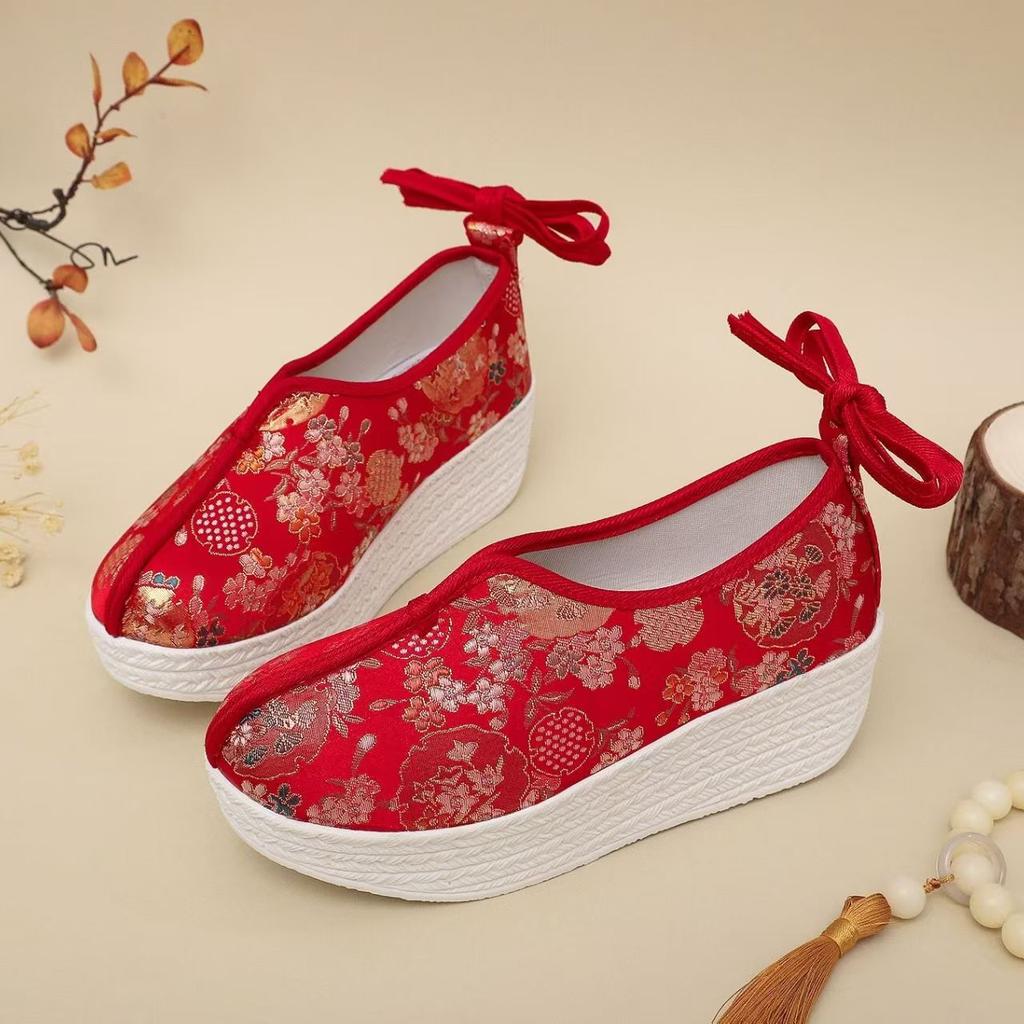 Zeppe Jacquard in Seta da Donna Scarpe Cheongsam Stile Etnico Suola Spessa Cinturino alla Caviglia Leggero Scarpe Hanfu Scarpe a Gonnellino Viso di Cavallo
