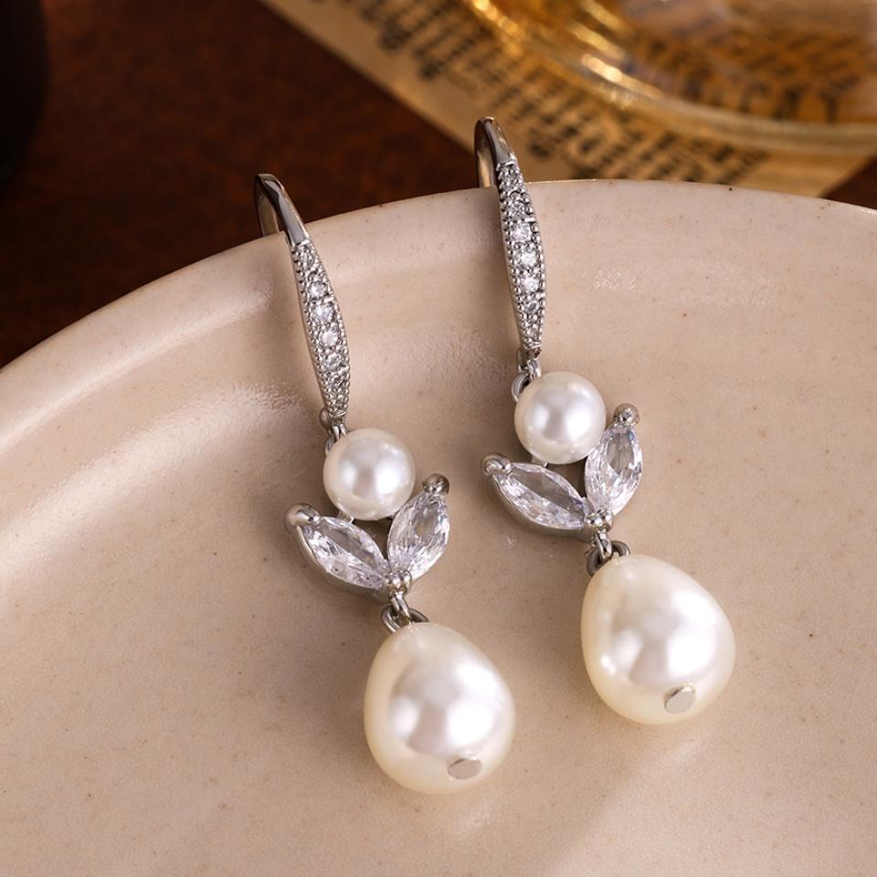 ZAKOL Micro-set Zircon Imitation Pearl Water Drop Leaves Shape Bridal Wedding Dangle Earrings Temperament Fashion Gift Jewelry