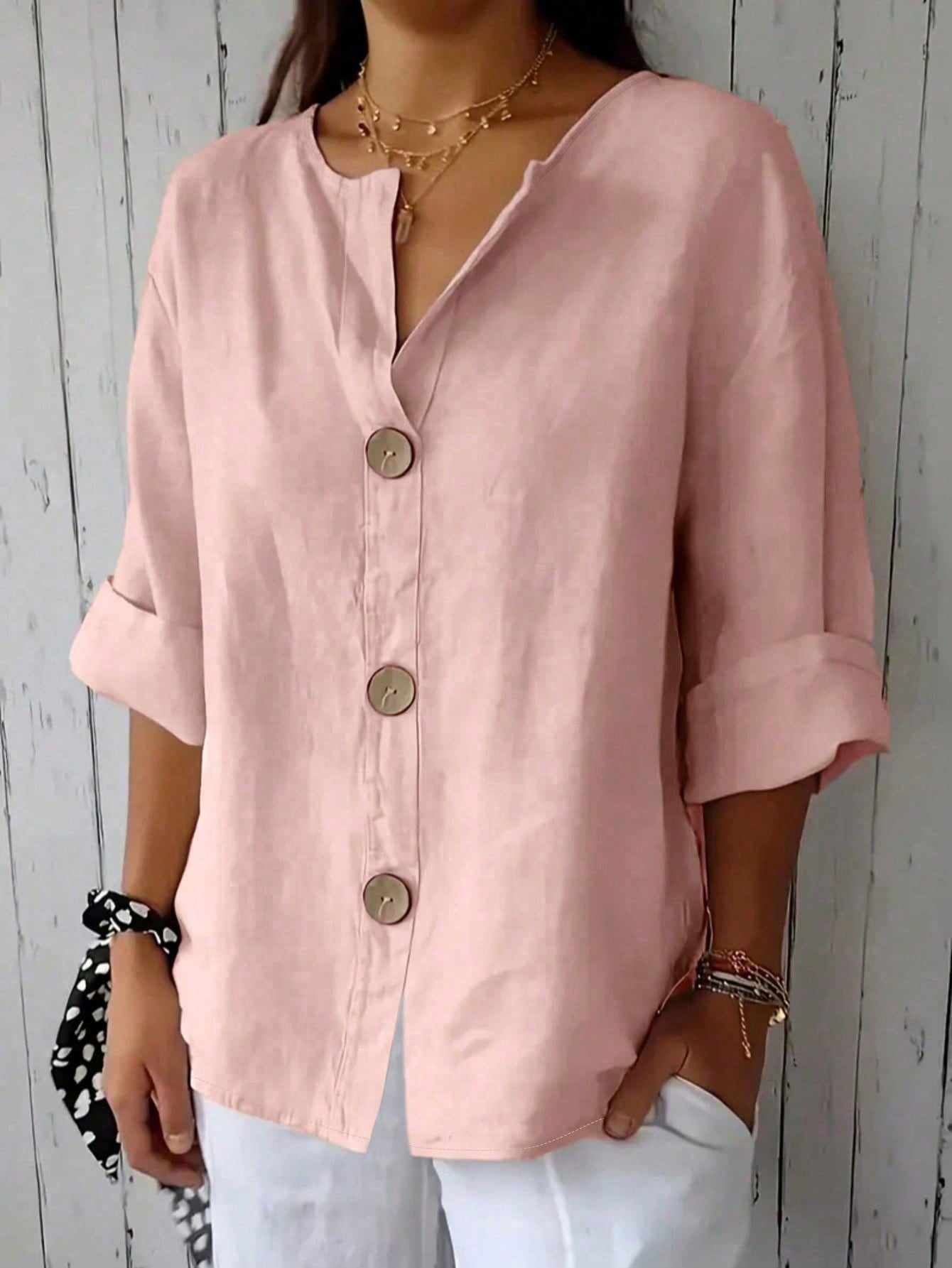 Plus Size Women S Solid Color Button Front Shirt, Spring Casual Daily Blouse Top 0XL розовый