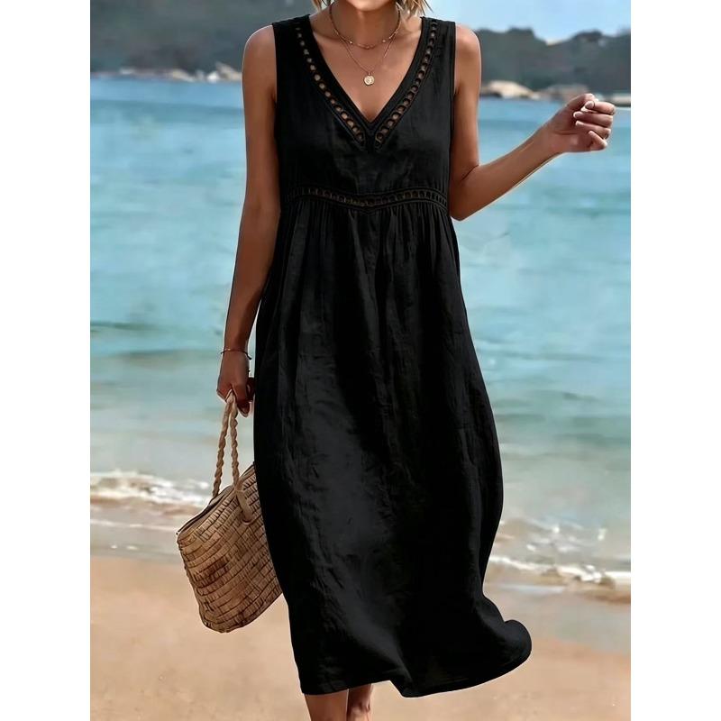 IHUASU Fashion Summer Spring Solid Color Print  V-Neck Sleeveless Casual Dresses