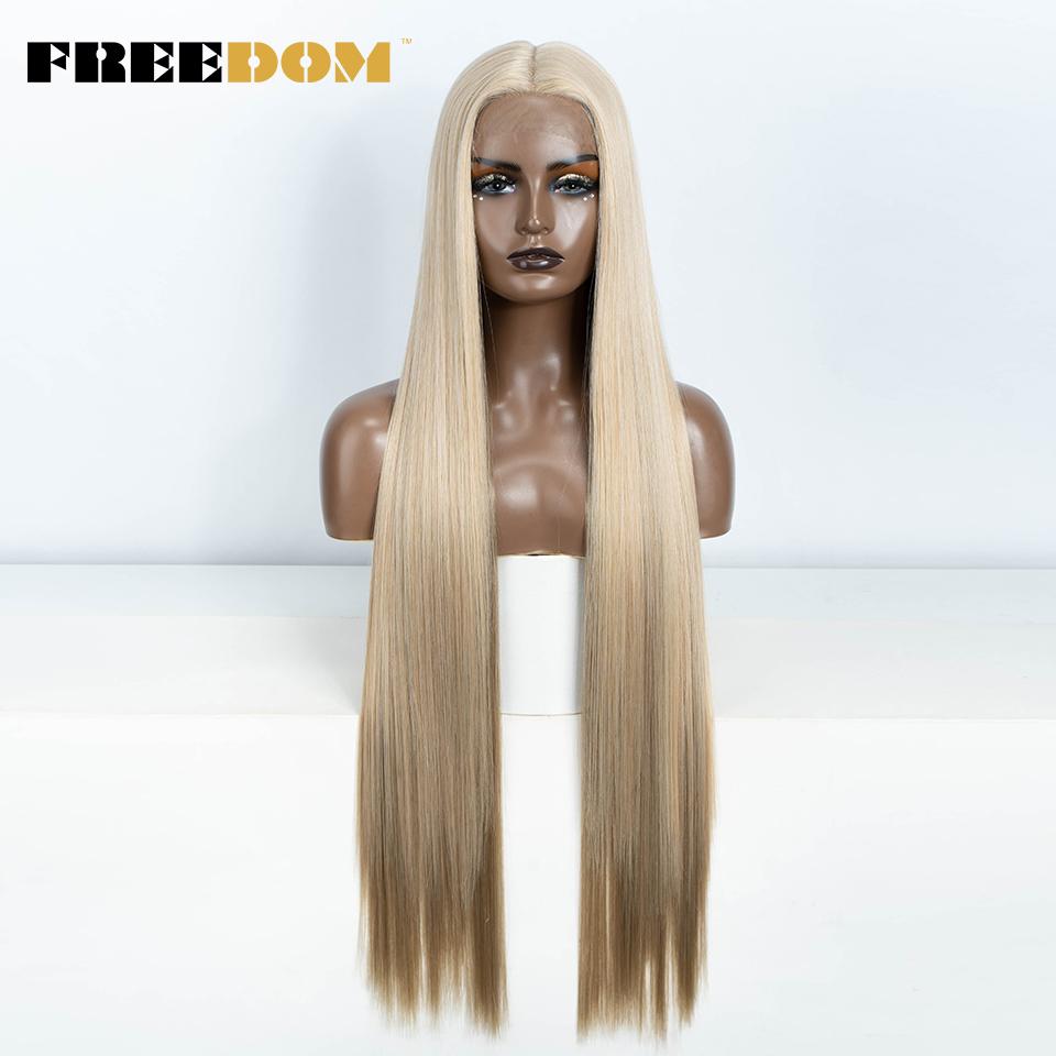 FREEDOM Synthetic Lace Frontal Wig For Women 38 Inch Long Straight Ombre Brown Red Ginger Hightlight Lace Front Wigs Cosplay Wig