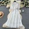 French high-end retro heavy industry embroidery waist short-sleeved dress women's summer thin temperament elegant long dress