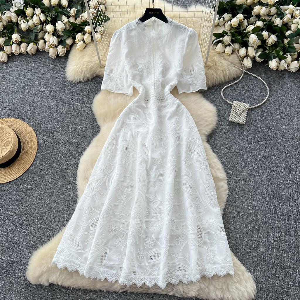 French high-end retro heavy industry embroidery waist short-sleeved dress women's summer thin temperament elegant long dress