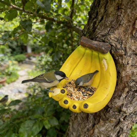 Banana Shaped Resin Bird Feeder Decorative Garden Hanging Ornament with Open Tray Outdoor Wild Bird Feeding Station for Yard Patio