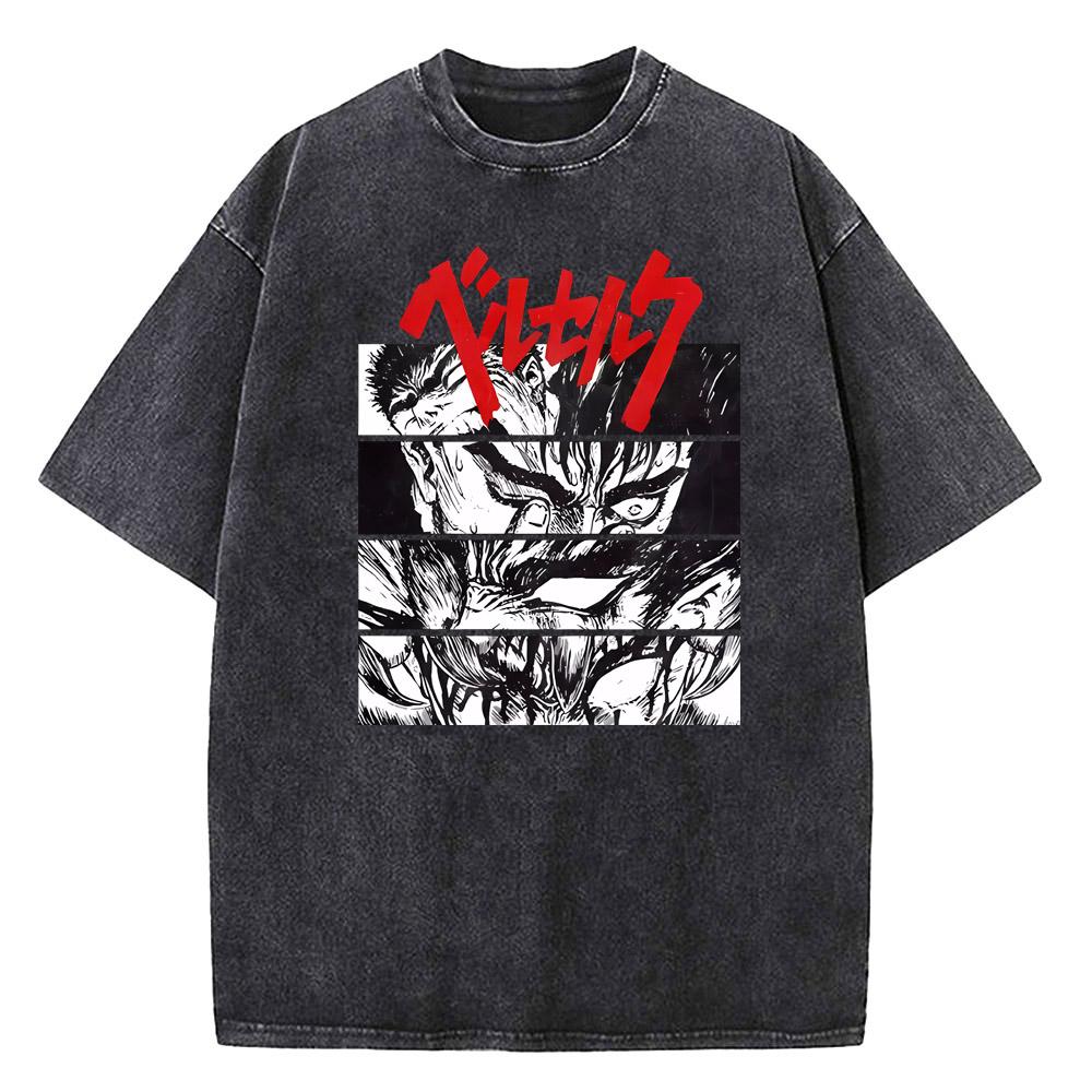Anime Berserk Guts Graphic Printed Tee Men Women Vintage Washed Casual Tshirts High Quality Cotton T Shirt Harajuku Male Tshirt