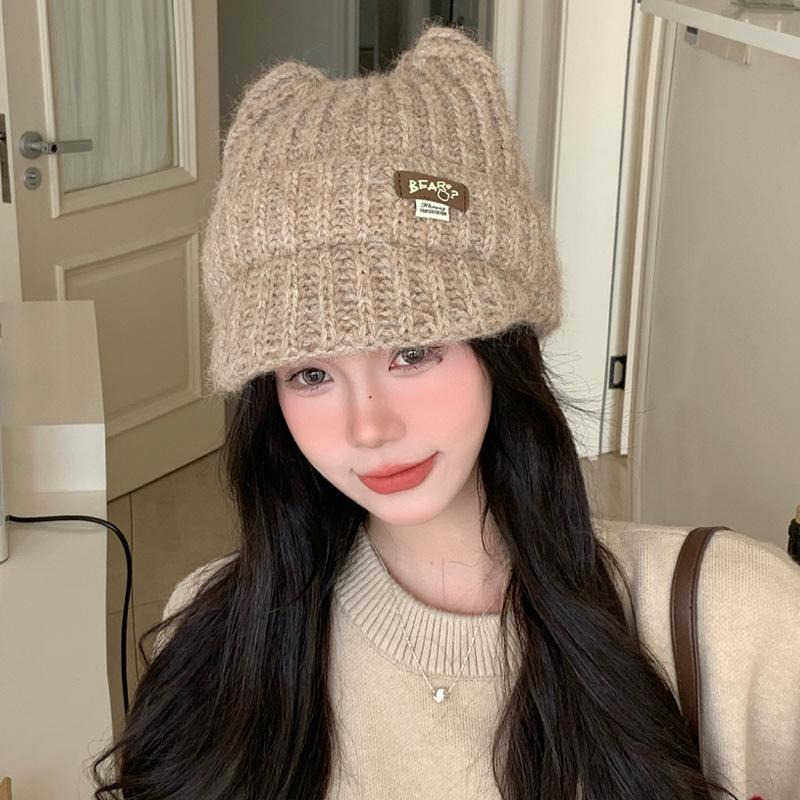 Autumn and Winter Hats Women's Big Head Circumference Knitted Wool Hats Cat Ears Cute Ear Protectors Cold Hats Fleece Thermal Hats