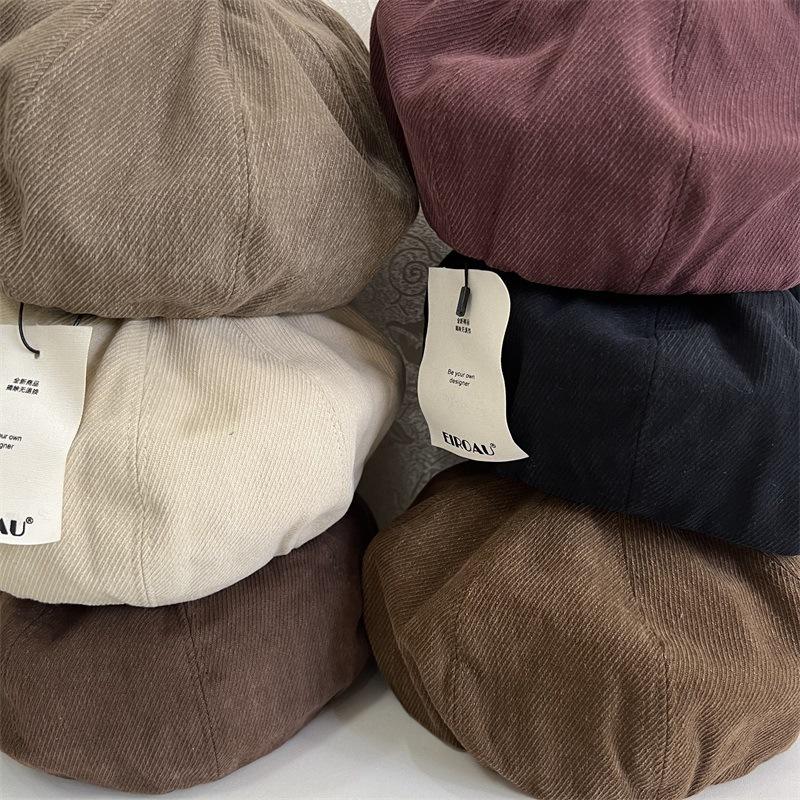 Autumn and winter corduroy black beret women's big head circumference bud hat showing face small painter hat pumpkin hat