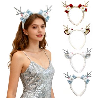 Vánoční čelenka pro ženy Fleecová čelenka s losími parohy a mašlí pompony pro vánoční párty potřeby Halloweenský cosplay doplněk