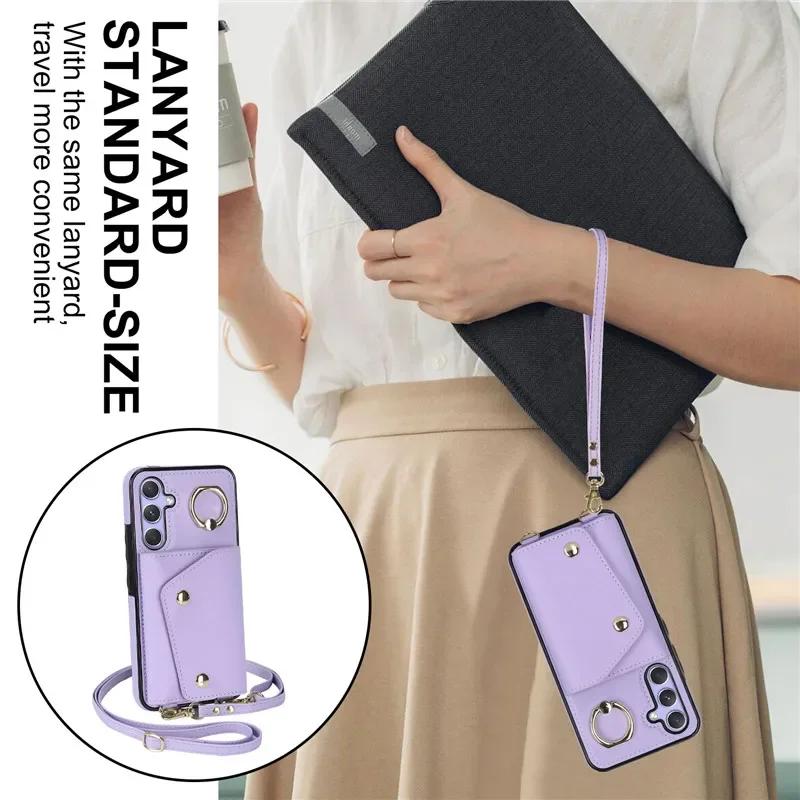 Crossbody Ring Leather Zip Wallet Phone Case for Samsung Galaxy S26 Ultra S25 FE S24 Plus S23 S22 S21 Note 20 Lanyard Cover Bag