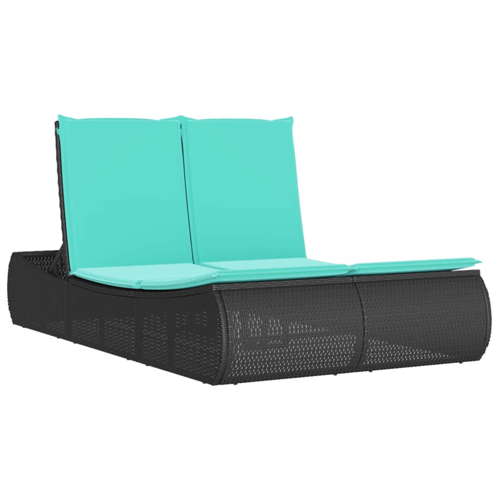 Double Sun Lounger with Cushions Black Poly Rattan