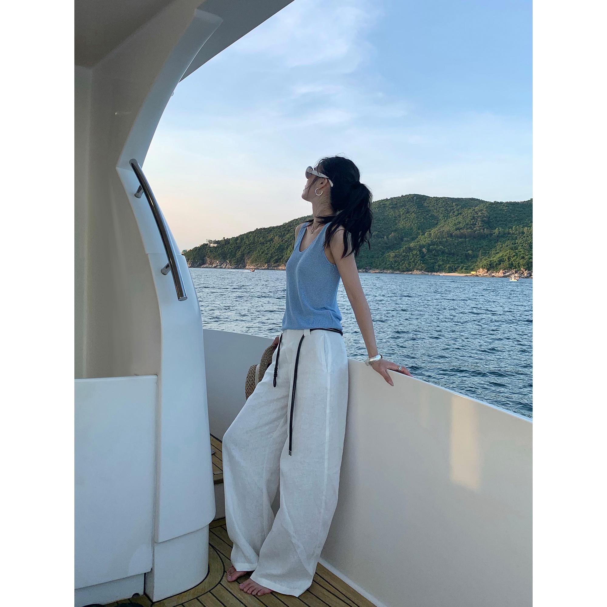 

Women s 100% Linen Breathable Loose Wide-Leg Pants - Old Money Style L слоновая кость