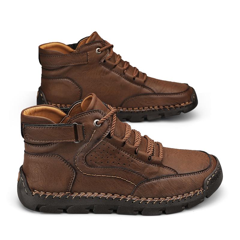 Men's Plus-Size Handmade Leather Ankle Boots: Fashionable Lace-Up Casual Shoes