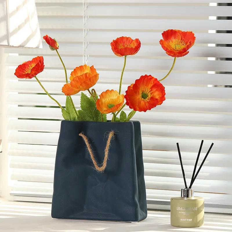 1Pcs Nordic Creative Shopping Basket ceramic Vase Bag Decoration Simple Dried Flower Arrangement Vase Table Decoration