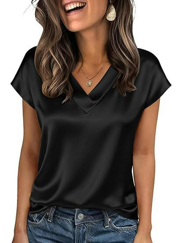 2026 Vår/Sommar Elegant Silke V-ringad Kortärmad Dam T-shirt