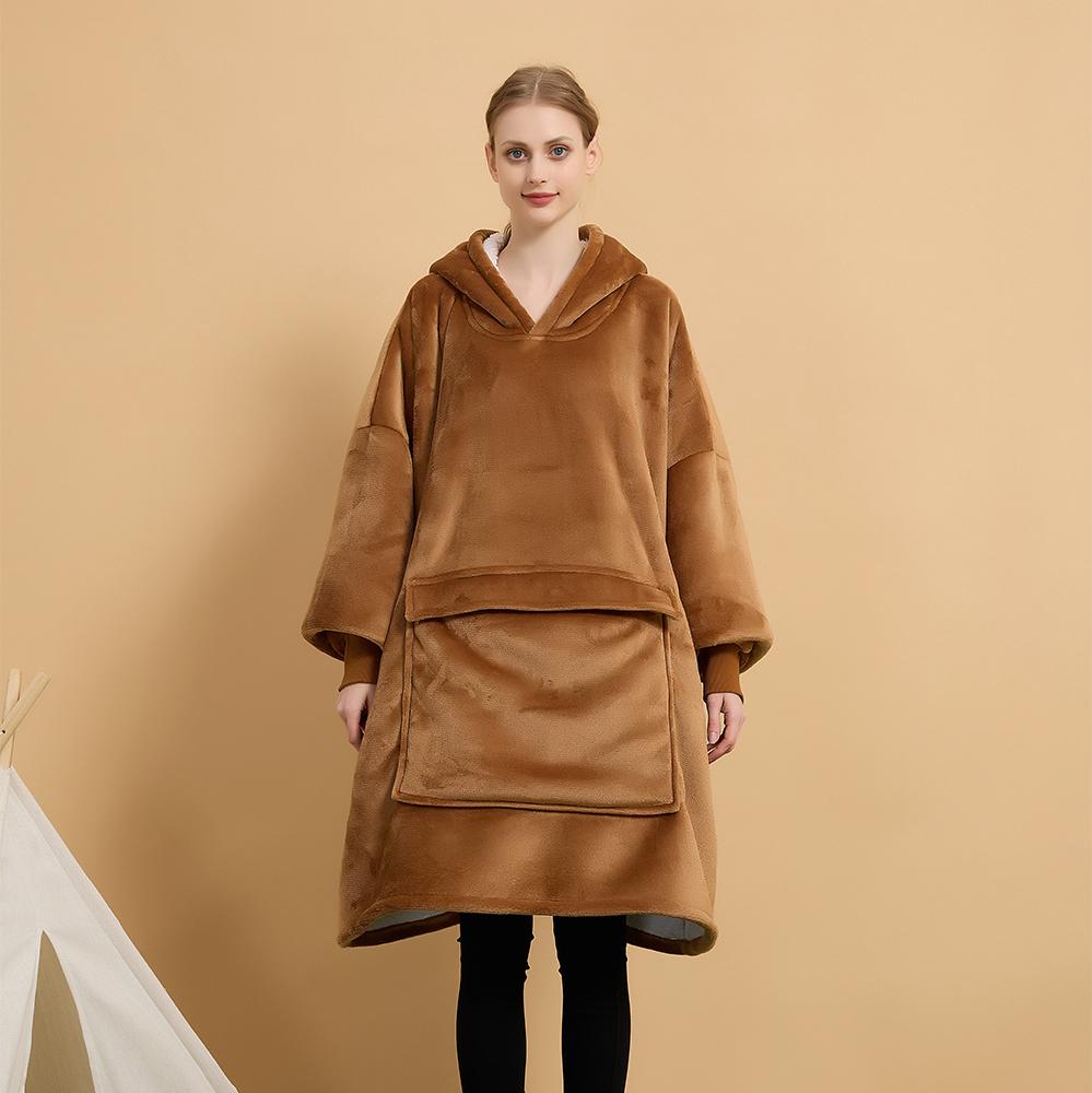 Manufacture Comfortable 100% Polyester Hooded Blanket Flannel Fleece Solid Color Cozy Warm Blanket Hoodie