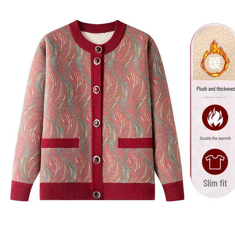 Mom's Floral Cardigan: Slimming, Fleece-Lined, Warm Short Jacket for Spring & Winter
