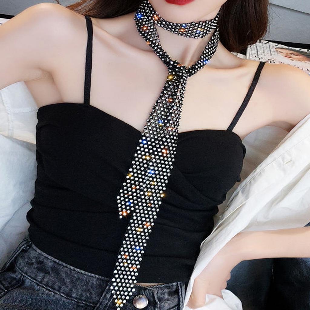 Shiny Multi-row Zircon Long Tassel Clavicle Chain Female Personality Neck Strap Black Retro Necklace