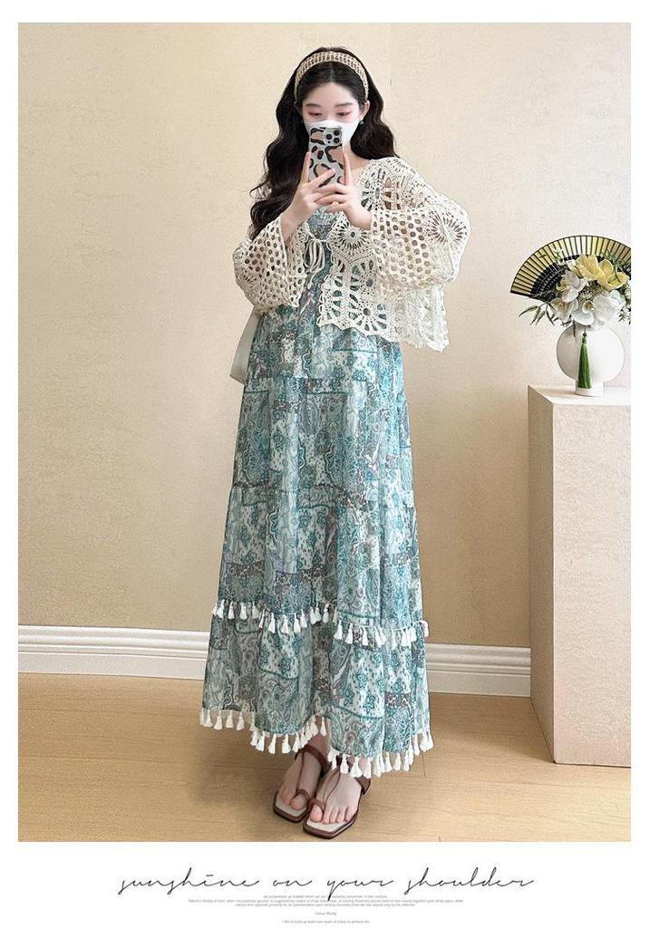 Knit Hollow Cardigan Maternity Set: Slimming Long Dress Two-Piece for Summer 2026, Age-Reducing Holiday Style