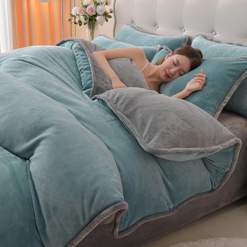 Simple Wind Milk Fleece Four-piece Set Thickened Coral Fleece Solid Color Bed Sheet Quilt Cover Single Piece Fleece Winter