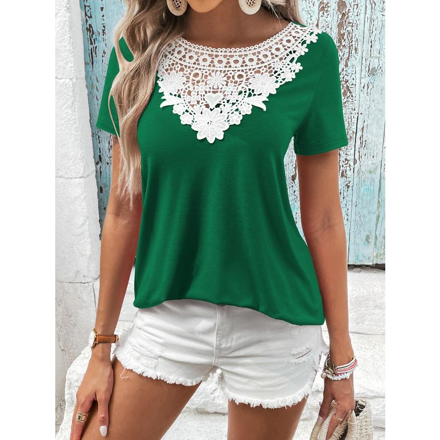 Women's Hollow Top Lace Patchwork Round Neck Collar Casual Loose Short Sleeve T-shirt