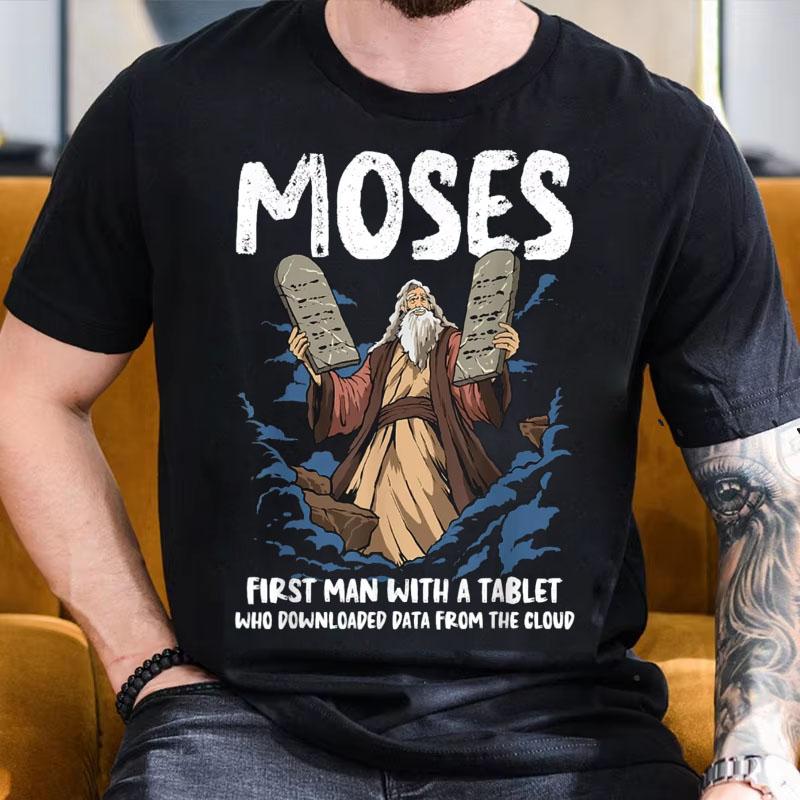 Fun Moses Tshirt Christian Humor Bible Gospel Data Cloud Tshirt 2025 Summer Mens Retro Cotton Short Sleeve Casual Street Top