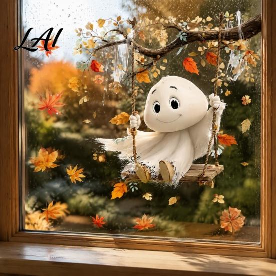 Cute Ghost Pumpkin Decals Autumn Ghost/Gnome Static Glass Sticker PVC Waterproof Maple Leaves Window Removable Party Supplies Decal Cling