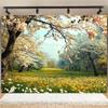 2D Flat Printing Spring Cherry Blossom Tapestry, Blooming Trees and Wildflower Meadow Wall Decor