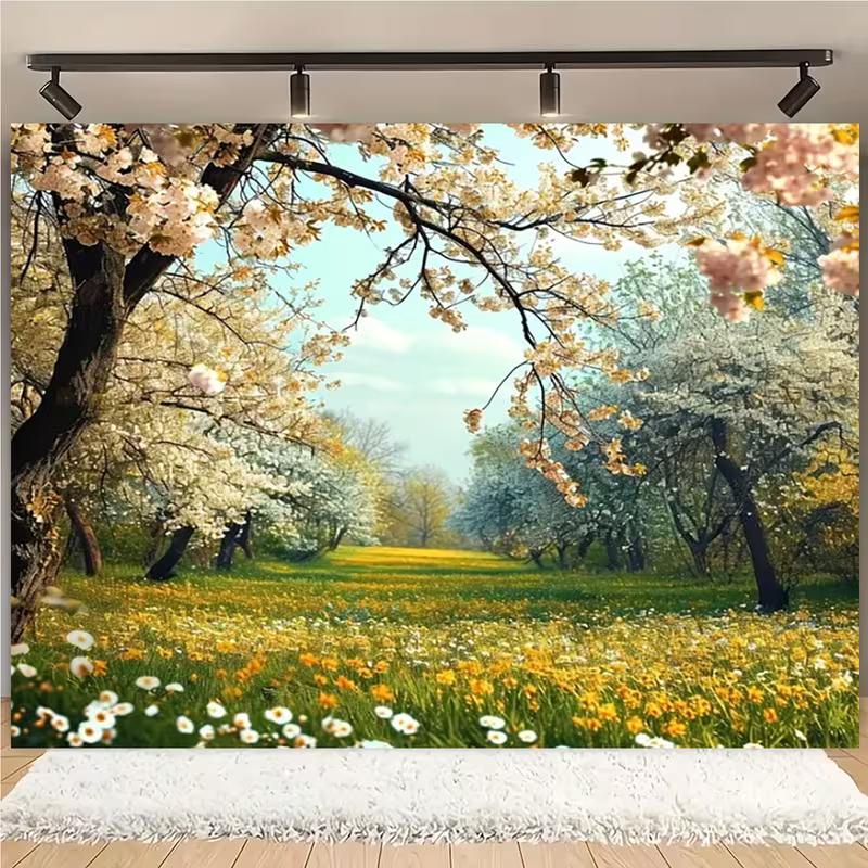 2D Flat Printing Spring Cherry Blossom Tapestry, Blooming Trees and Wildflower Meadow Wall Decor