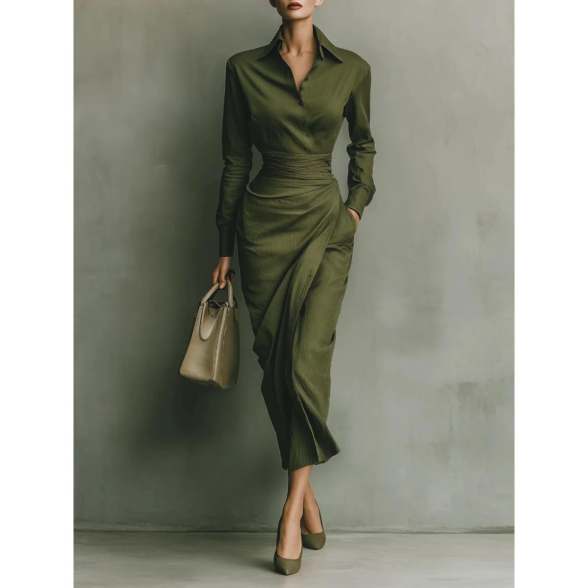 Women s Lapel Collar Long Sleeve Ruched Waist Asymmetric Wrap Midi Shirt Dress XS зелёный