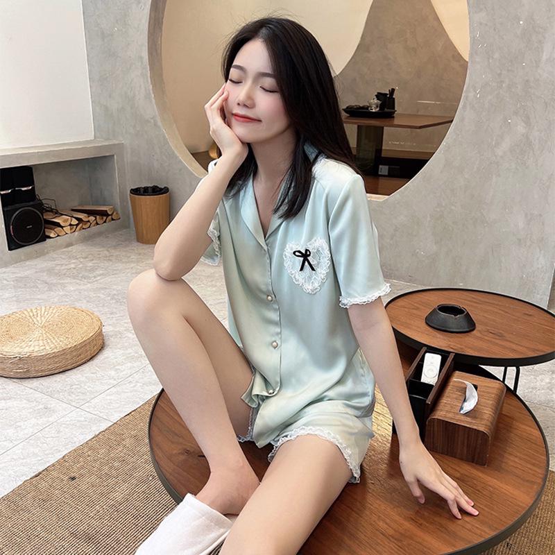 Girls' Lace Trim Short-Sleeve Pajama Set: Summer Thin Style with Edge Sleeve