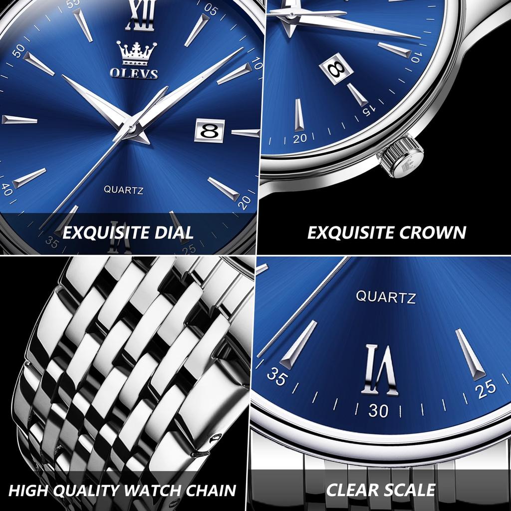 OLEVS Waterproof Analog Quartz Watch with Silver Stainless Steel Pressure Easy To Casual Men's Band, Resistant, Read,