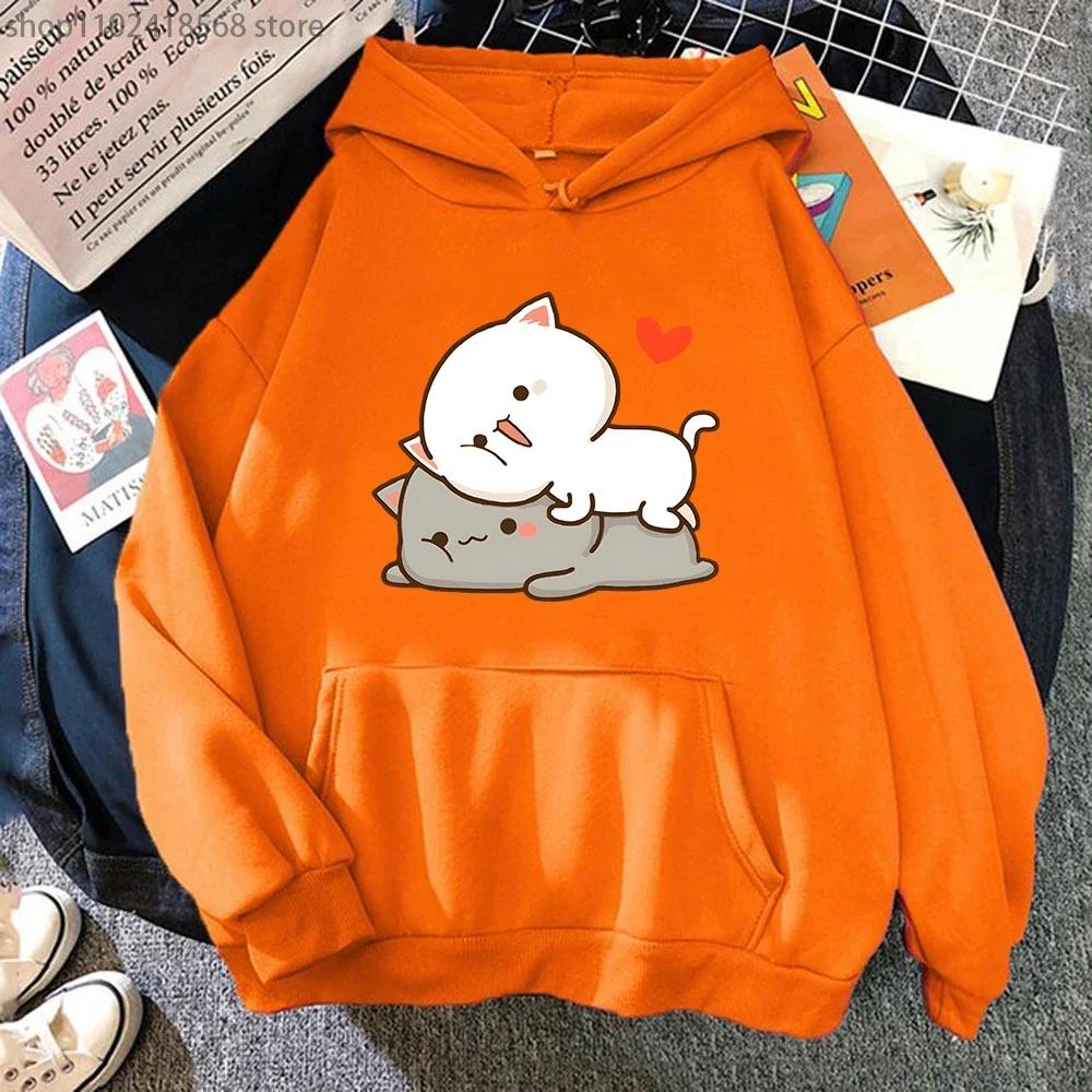 Peach Cat Print Hoodie Kawaii Cartoon Goma Mochi Sweatshirt Women's Clothing Femme Korean Style Streetwear Men Hoody