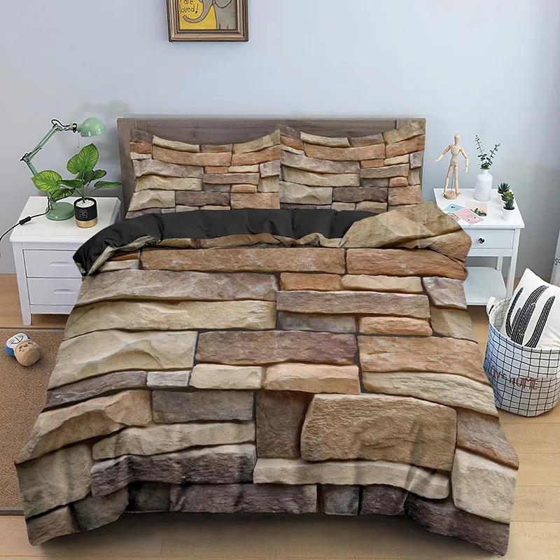 Stone Pattern Bedding Set King Queen Size 3D Bricks Wall Print Duvet Cover 2/3pcs Home Textile Zen Stone Polyester Quilt Cover