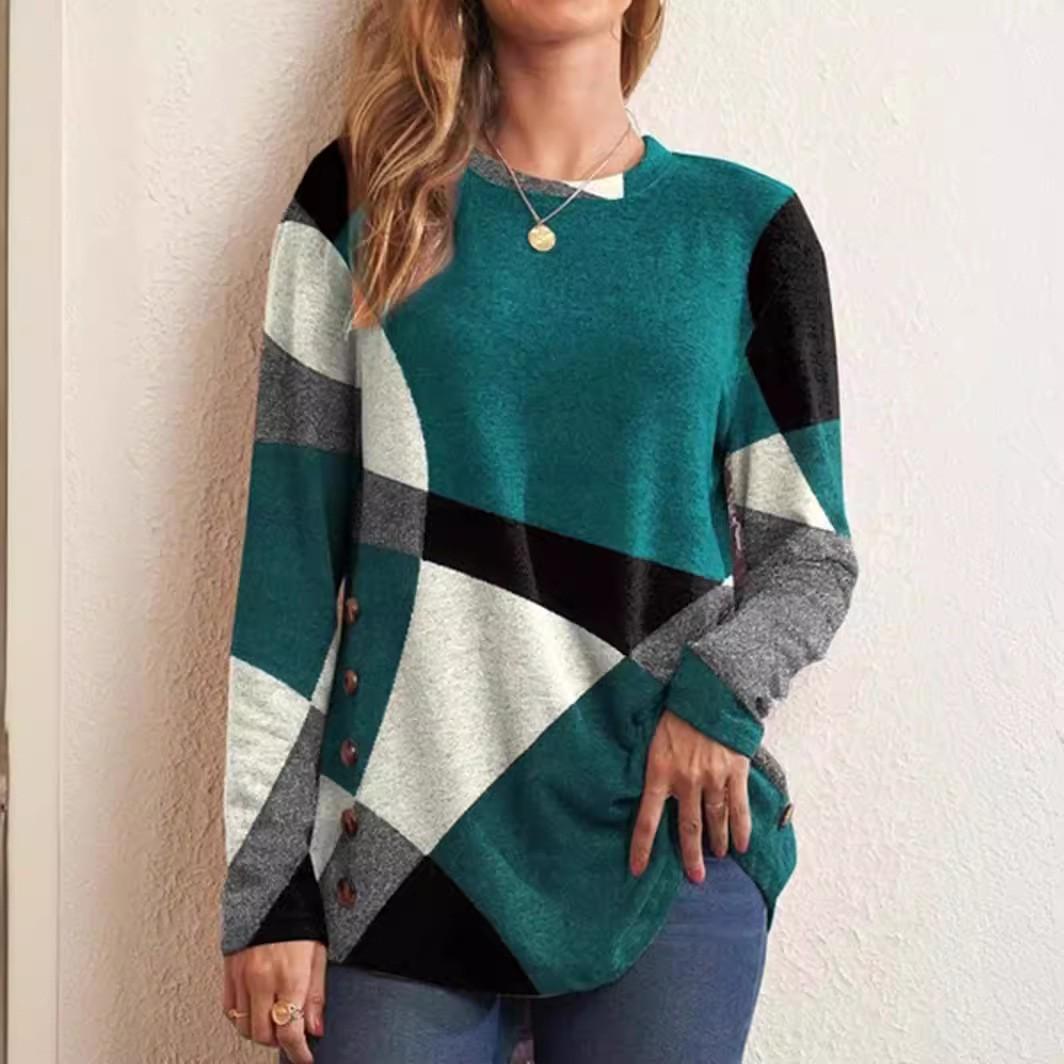

Осінньо-зимовий жіночий повсякденний топ з довгими рукавами і ґудзиками в повсякденному стилі Повсякденні повсякденні туніки з геометричним малюнком, футболка з круглим вирізом і довгими рукавами XL зелений