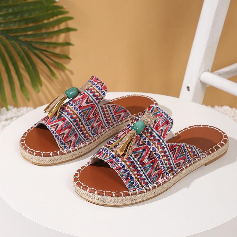 Boho płaskie sandały damskie - Nowość Lato 2025 z frędzlami - Rozmiar 43 Sandały plażowe