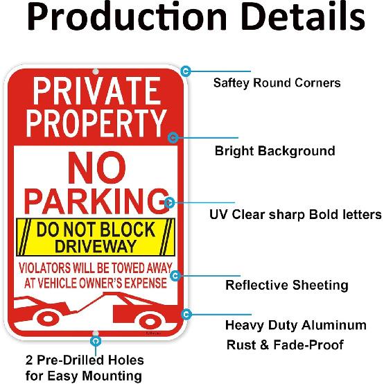 2 Pack Large No Parking Sign, Private Property Sign, Do Not Block Driveway Sign,Violators Will Be Towed Away at Vehicle Owner's Expense, 18" x 12"