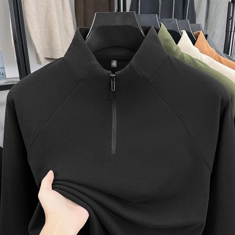 Men's Heavyweight Fleece-Lined Hoodie with Stand Collar, Half-Zip, and Thick Fabric; Solid Color Autumn/Winter Style.