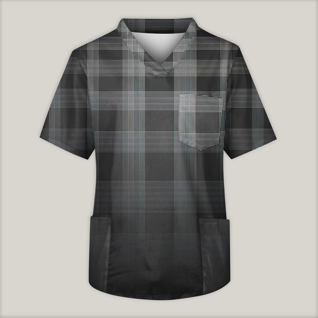 Men's Printing Short Sleeve V-neck Working Blouse Chest Pocket Carer Top