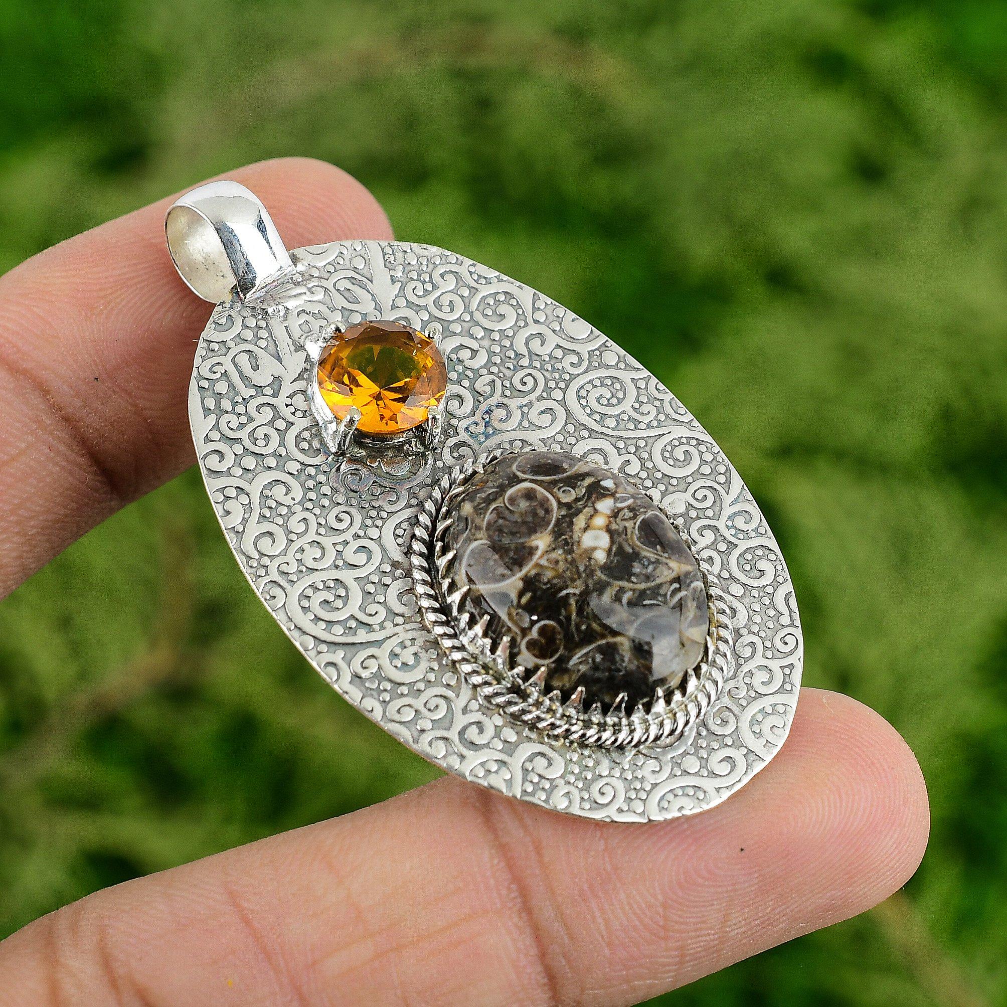 

Daughters Day Deal Sterling Silver Oval Natural Turritella Agate Citrine Pendant