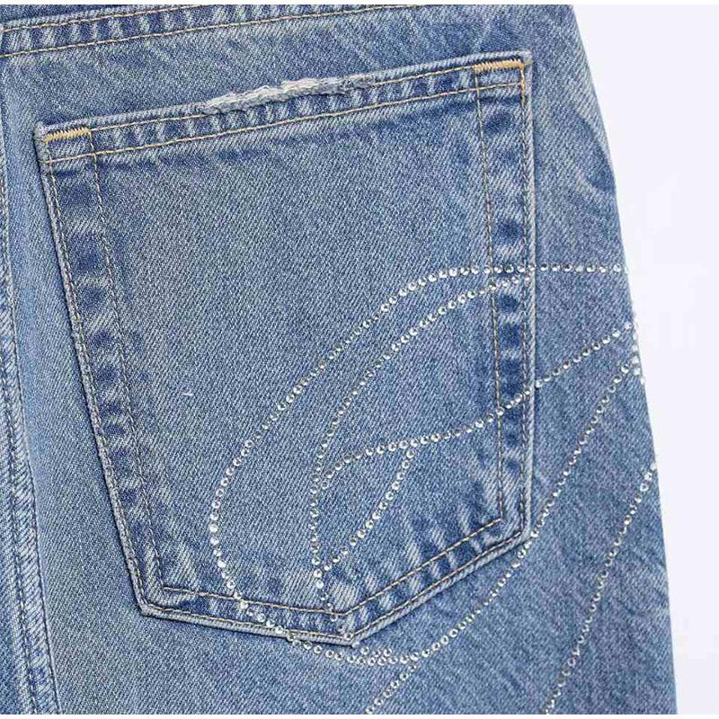 Women's Fashion Slim Fit High Waist Denim Pant Rhinestone Embellished Jeans Street Blue Wash Solid Color Casual Wide Leg Jean 2025 Spring