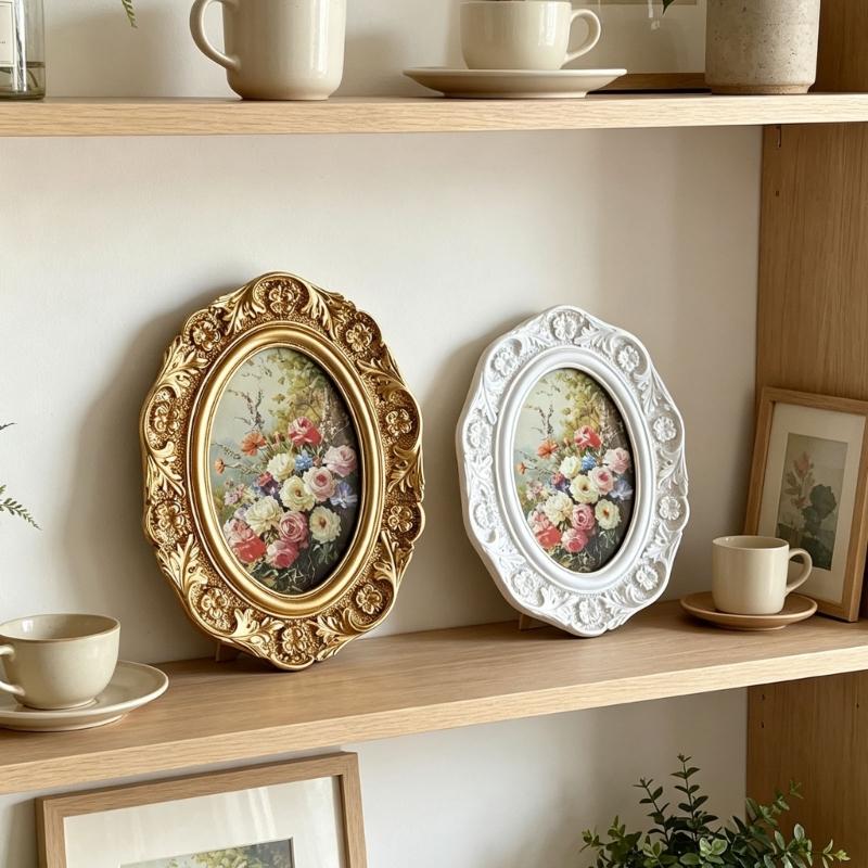 Antiker Präge Ovaler Foto Rahmen Harz Florale Relief Porträt Bilderhalter für Tischaufstellung und Wandakzent