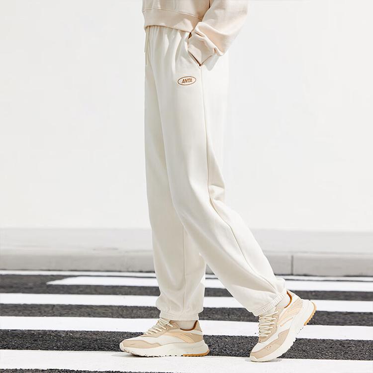 Anta Solid Color Mid Waist Straight Leg Fleece Knit Sports Pants Unisex Pants Beige 972338301-1