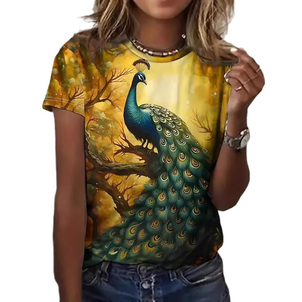 Summer Round Neck 3D Bird Peacock Print Top Fashionable Casual Short Sleeved Women's T-shirts
