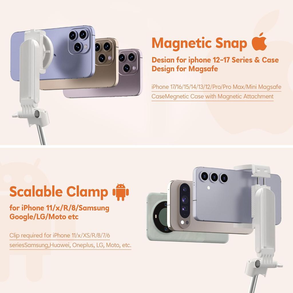Magnetic Mini Selfie Stick for iPhone, 4 In 1 Portable Pocket Size Tripod for iPhone MagSafe/Android with Remote/Cold Shoe Mount