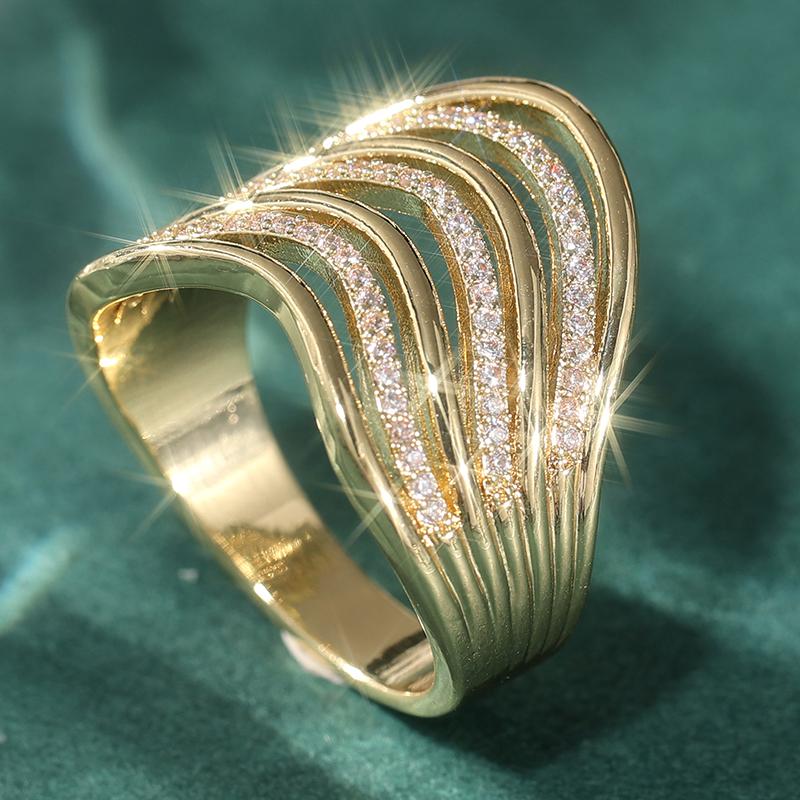 Fashion Gold Color Inlaid White CZ Women's Ring Geometry Hollow Daily Wear Party Jewelry
