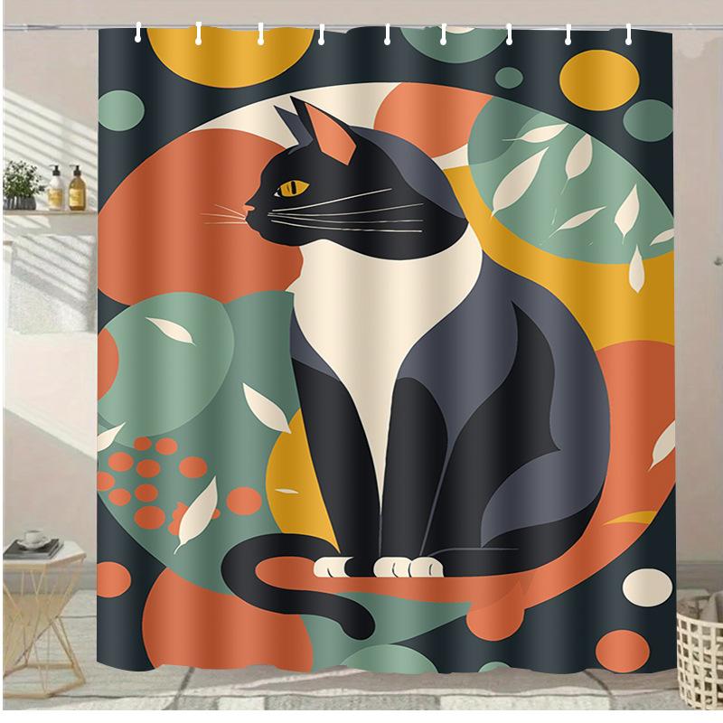 Cat Family Washable Dirt-Resistant Shower Curtain Shower Head Waterproof Polyester Bath Curtain For Home Decor Accessories